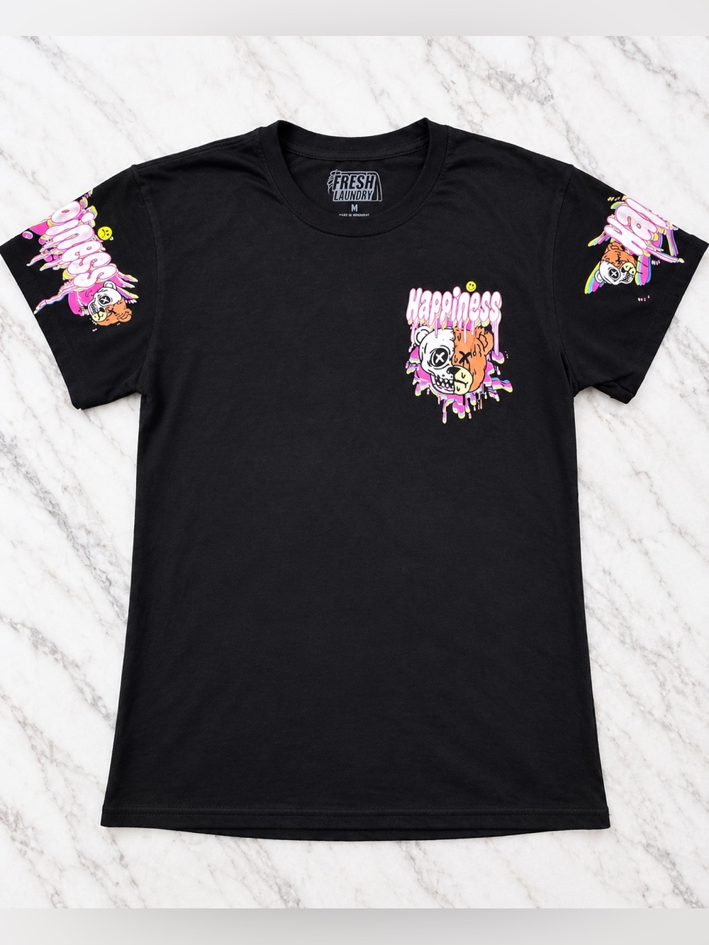 Fresh Laundry “Happiness” Skull Bear Graphic T-Shirt Unisex Y2K – Black – Size M - Picture 2 of 7